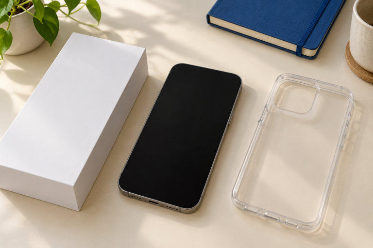 Telefon z wygaszonym ekranem, pudełko i osobne etui — ilustracja sprawdzania modelu