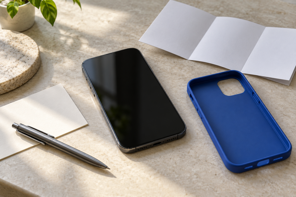Telefon, kartka i osobna osłona — ilustracja zapisywania danych modelu
