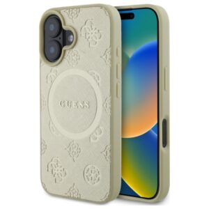 Guess Saffiano Peony Classic Logo MagSafe - Etui iPhone 16 (złoty)