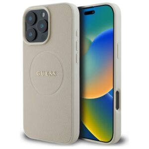 Guess Grained Ring MagSafe - Etui iPhone 16 Pro Max (beżowy)