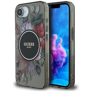 Guess IML Flowers MagSafe - Etui do iPhone 16e (czarny)