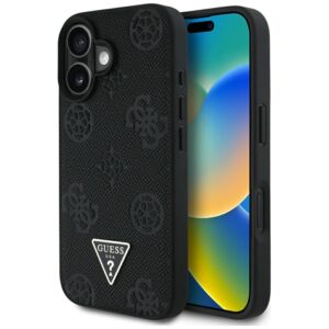 Guess Grained Hot Stamp Peony Triangle Logo MagSafe - Etui do iPhone 16 (czarny)