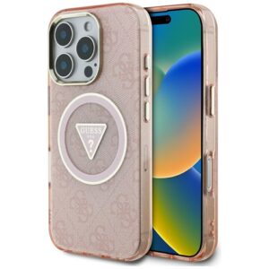 Guess IML Metal Glitter 4G Circle Triangle MagSafe - Etui do iPhone 16 Pro (różowy)