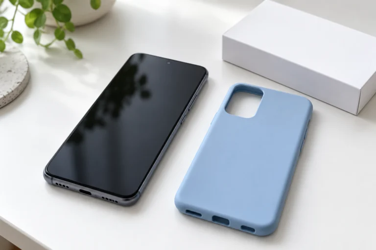 Telefon i niebieskie etui na biurku — ilustracja poradnika o sprawdzaniu modelu