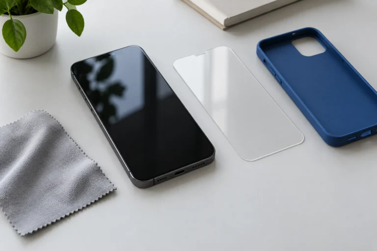 Telefon, przezroczysta osłona ekranu i niebieskie etui — ilustracja poradnika